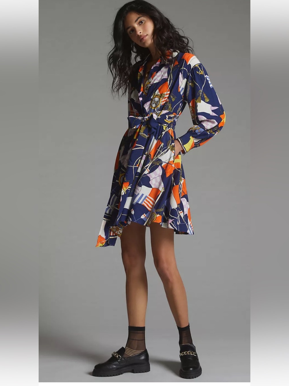 Anthropologie Navy, Orange & White Printed Mini Shirtdress Dress